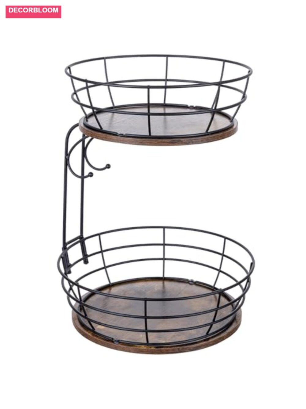 2 Tier Fruit Basket with Banana Hangers Metal Wood Farmhouse